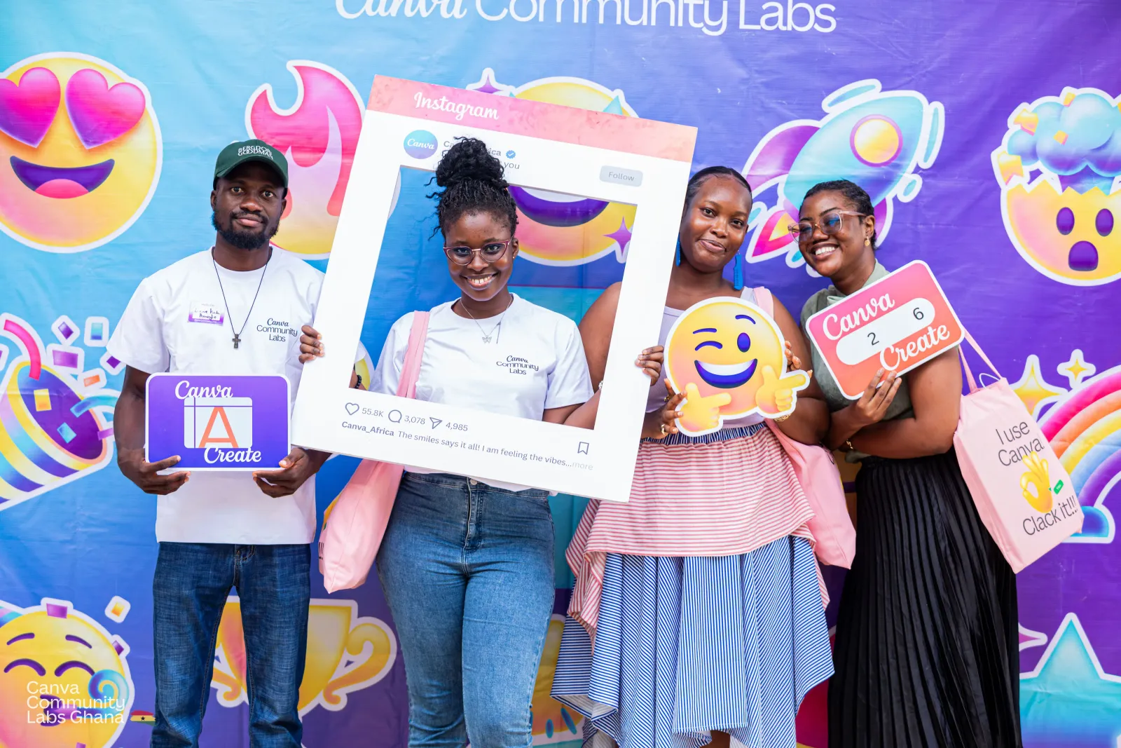 Attendees celebrating with Canva Create props and an Instagram photo frame