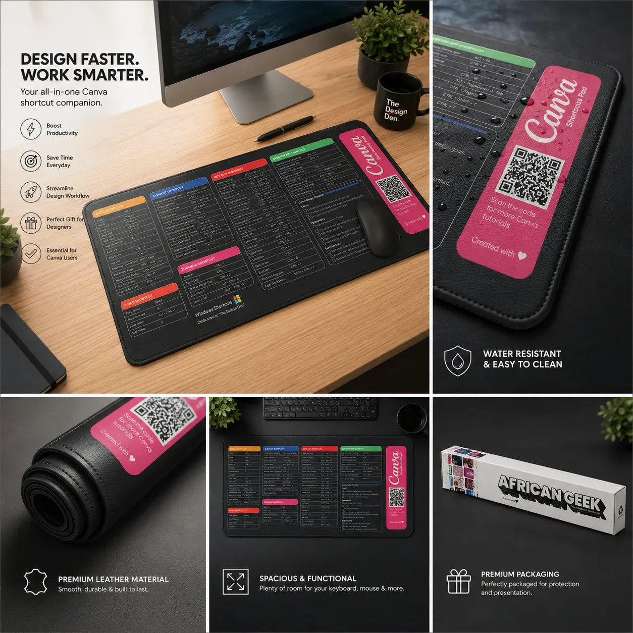 African Geek Canva Shortcut Desk Mat โ full product view showing all shortcuts